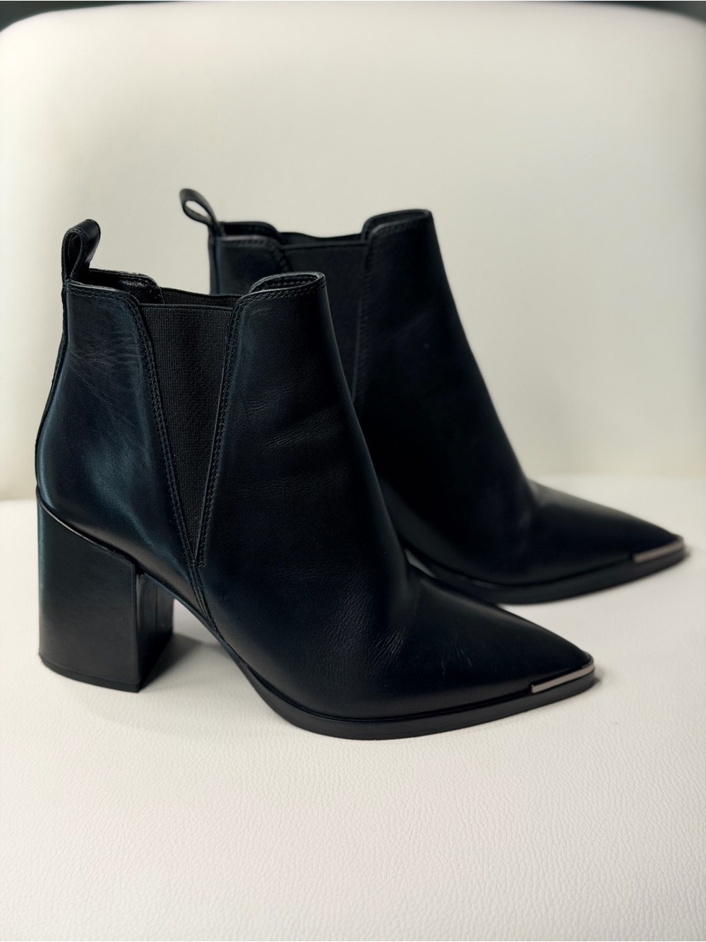 Pointed Black Leather Chelsea Heeled Ankle Boots
